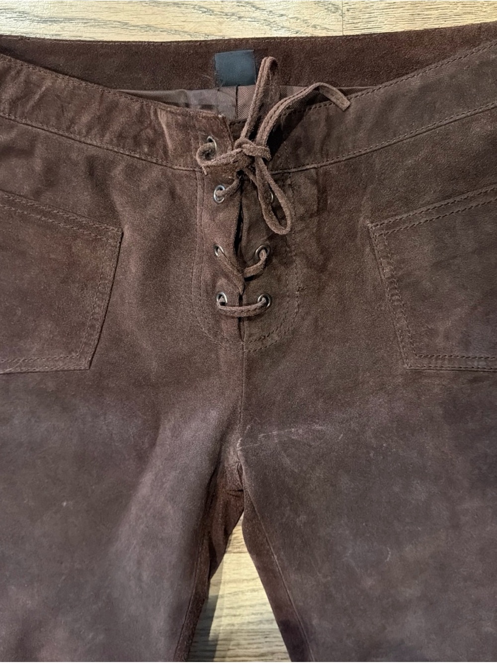 VINTAGE Y2K Lucky Brand Women's Chocolate Brown Genuine Leather Lace-up Pants - Picture 3 of 8